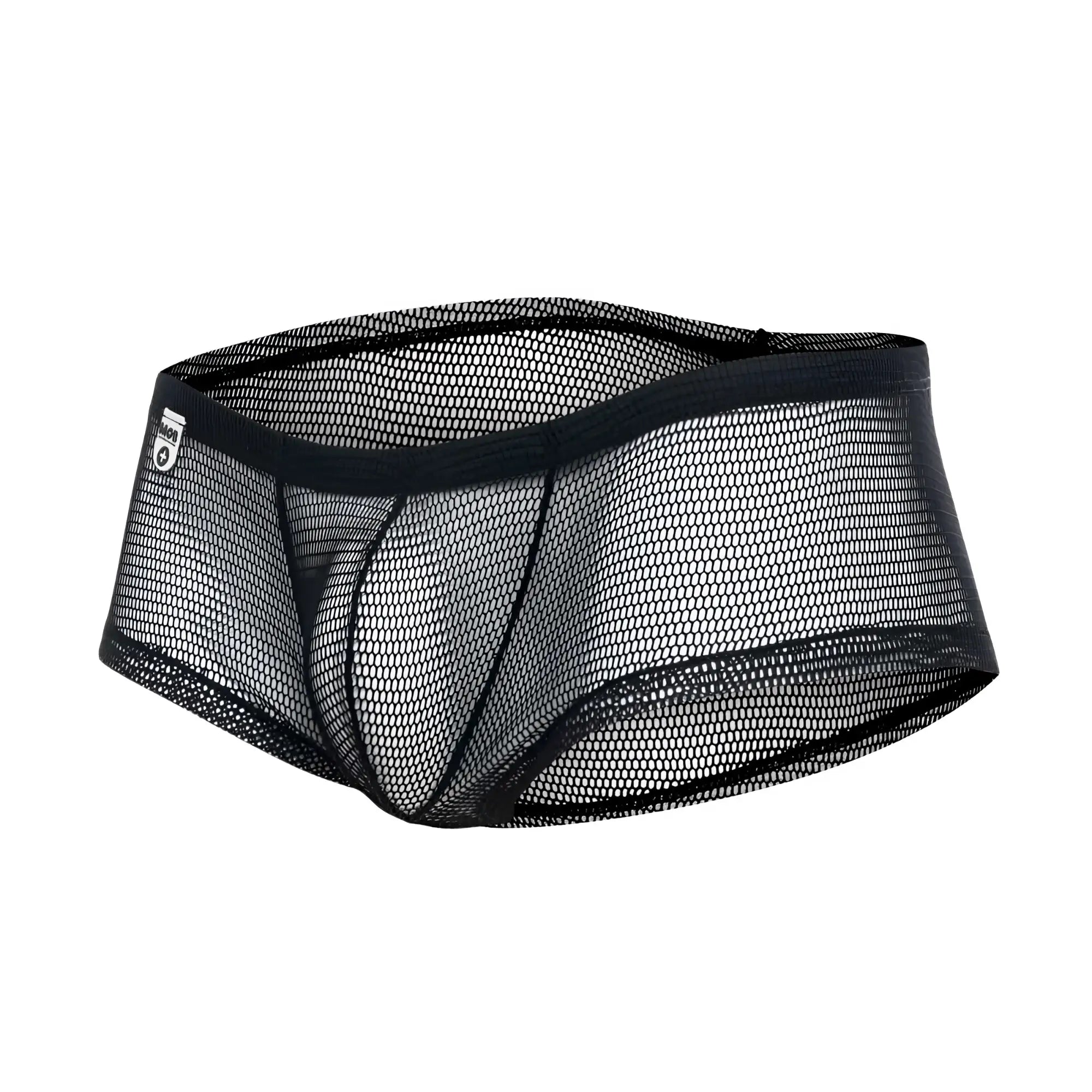 Black mesh mob men’s fishnet boxer short with solid black elastic waistband and reinforced seams visible from front