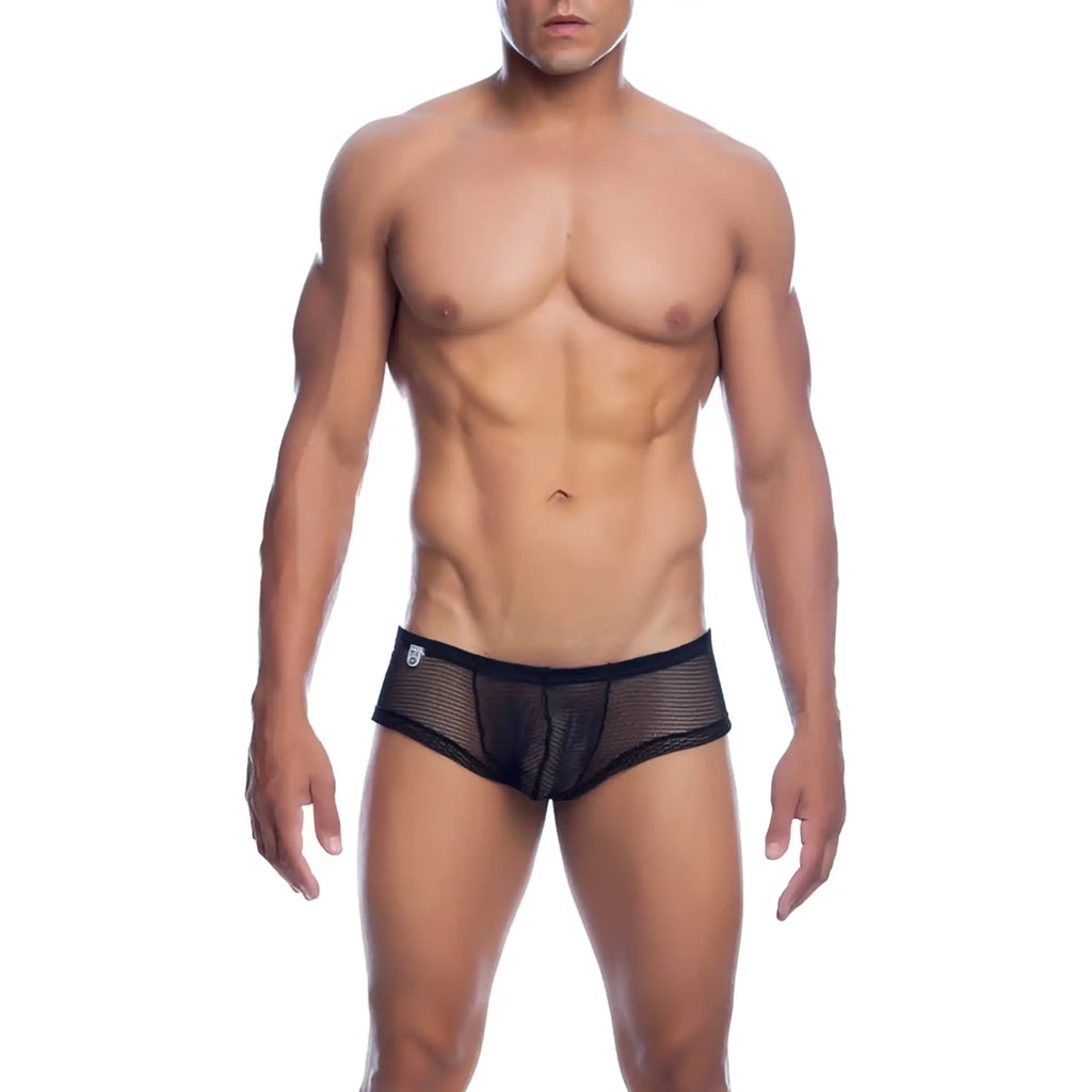 Mob men’s fishnet boxer short in black mesh with solid black waistband shown from the back side