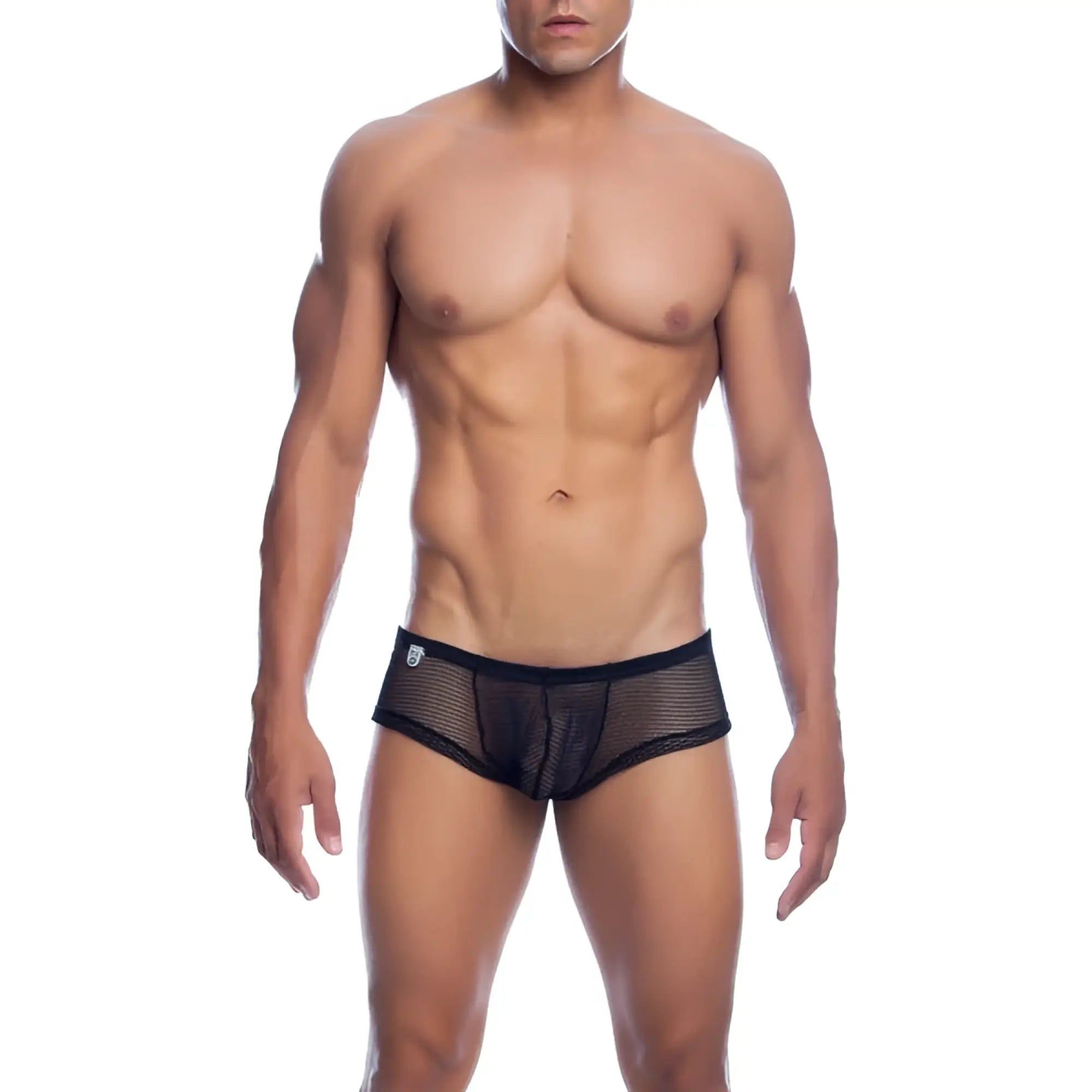 Mob men’s fishnet boxer short in black mesh with solid black waistband shown from the back side
