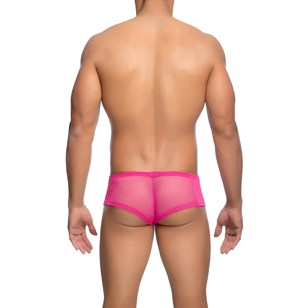Mob men’s fishnet boxer short in bright pink mesh briefs with a snug form-fitting design