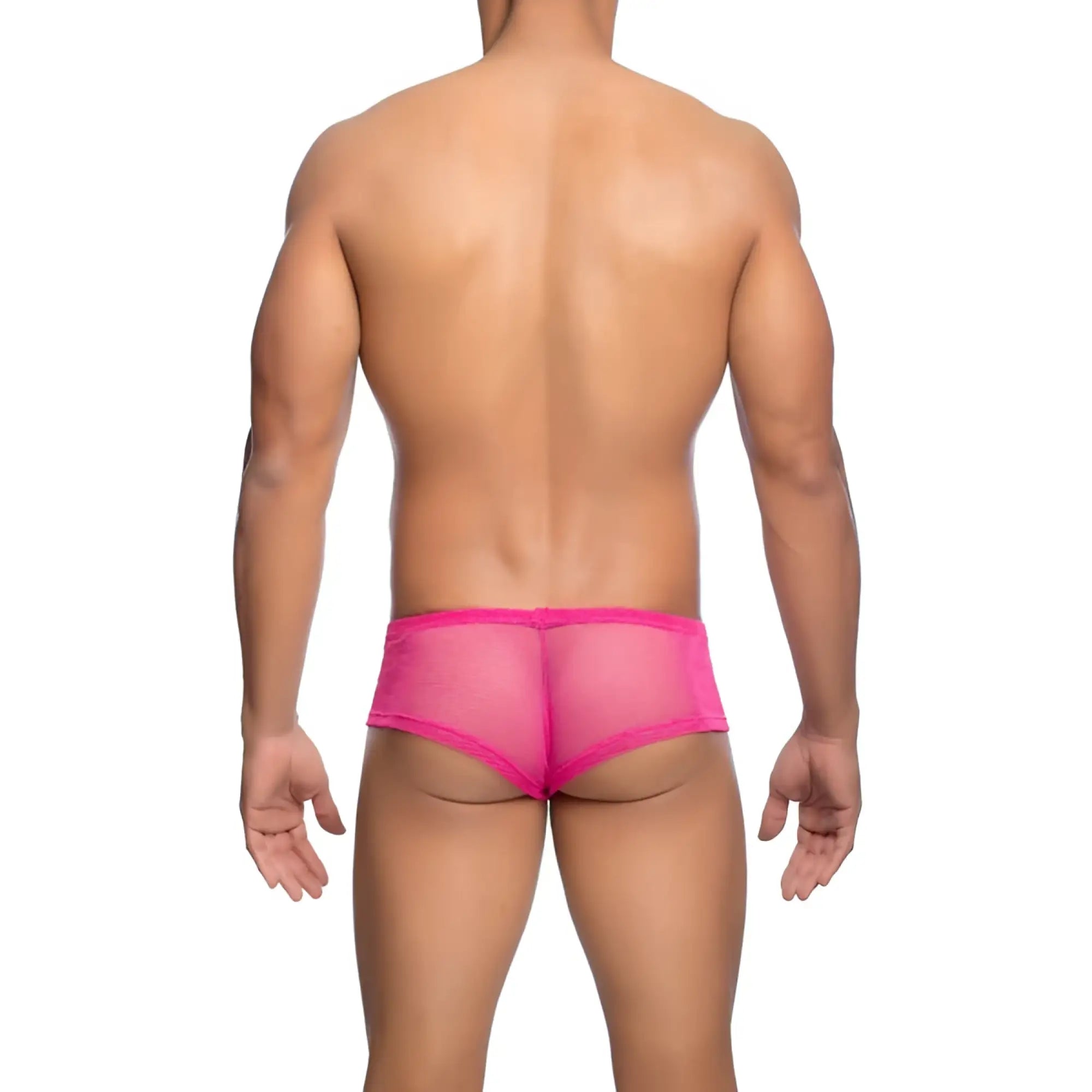 Mob men’s fishnet boxer short in bright pink mesh briefs with a snug form-fitting design