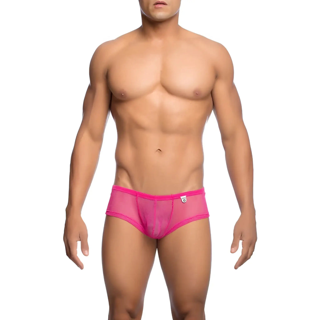 Mob men’s fishnet boxer short bright pink mesh briefs with a snug form fitting design
