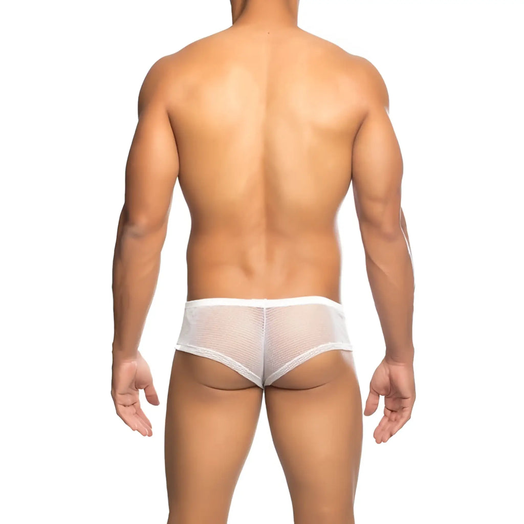 Mob men’s fishnet boxer short white mesh briefs with a snug form-fitting design front view