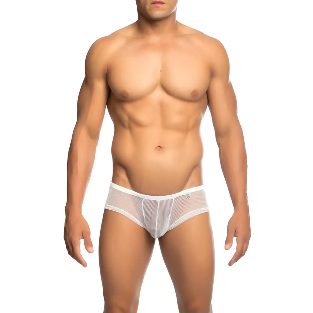 Mob men’s fishnet boxer short white mesh briefs with subtle pattern and small logo on the waistband