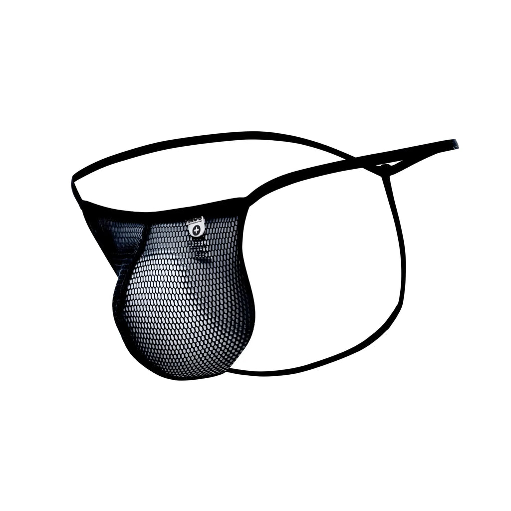 Black mesh mob men’s fishnet thong with thin elastic straps and small logo on the front