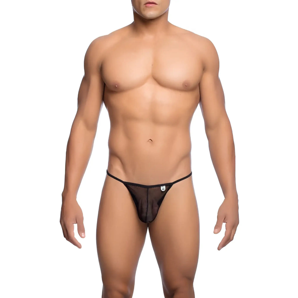 Black mesh mob men’s fishnet thong with small logo on front made of breathable mesh material