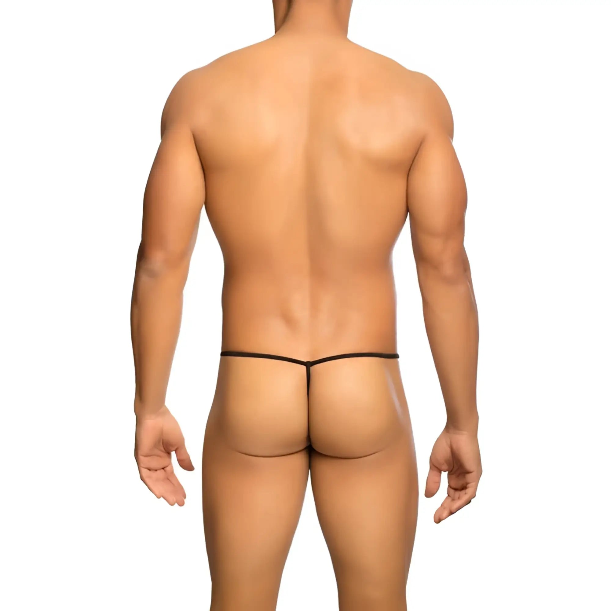 Black mob men’s fishnet thong with a thin sleek design showing the back side of the underwear