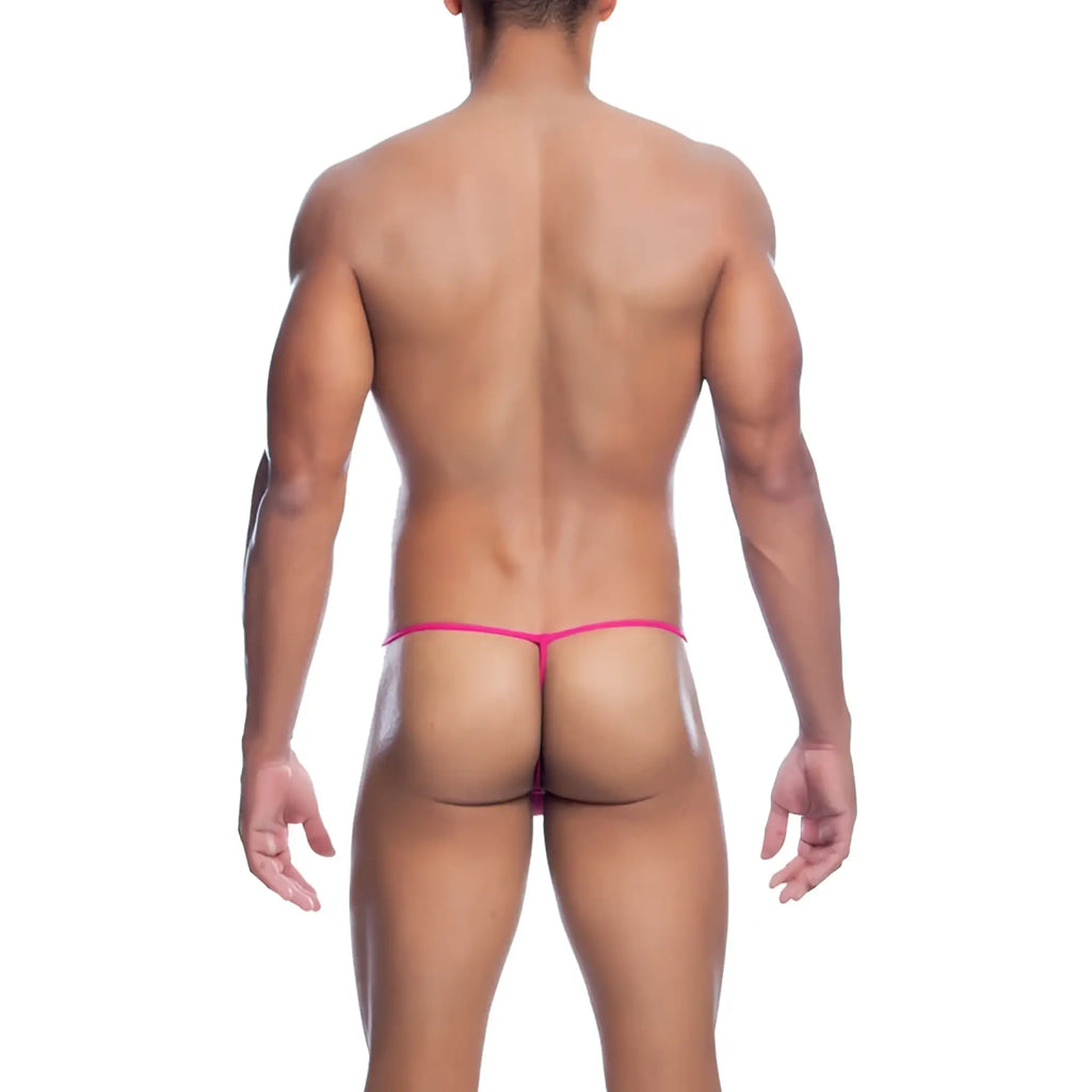 Mob men’s fishnet thong bright pink stretchy fabric thong designed for a snug fit shown from the back side