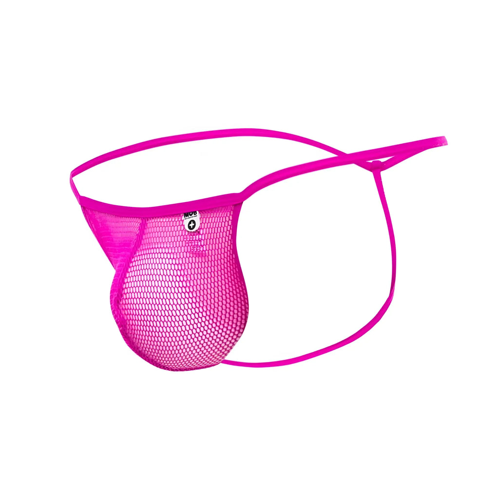 MOB men’s fishnet thong in bright pink mesh with thin matching elastic straps shown from the back side