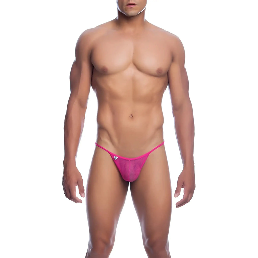 Vibrant pink mesh mob men’s fishnet thong featuring a subtle logo on the side in a bold design