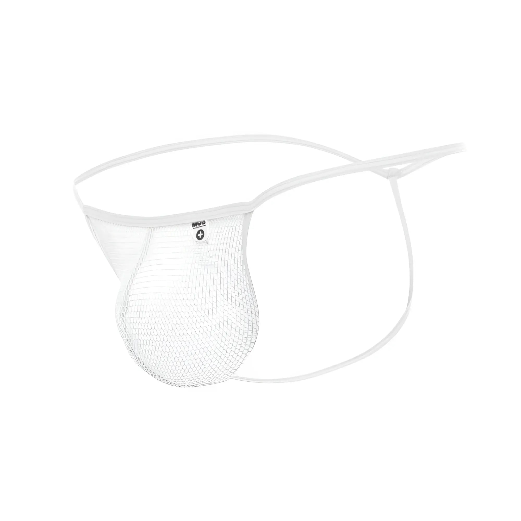 Mob mens fishnet thong in white mesh with thin elastic straps and a small brand tag visible on the front