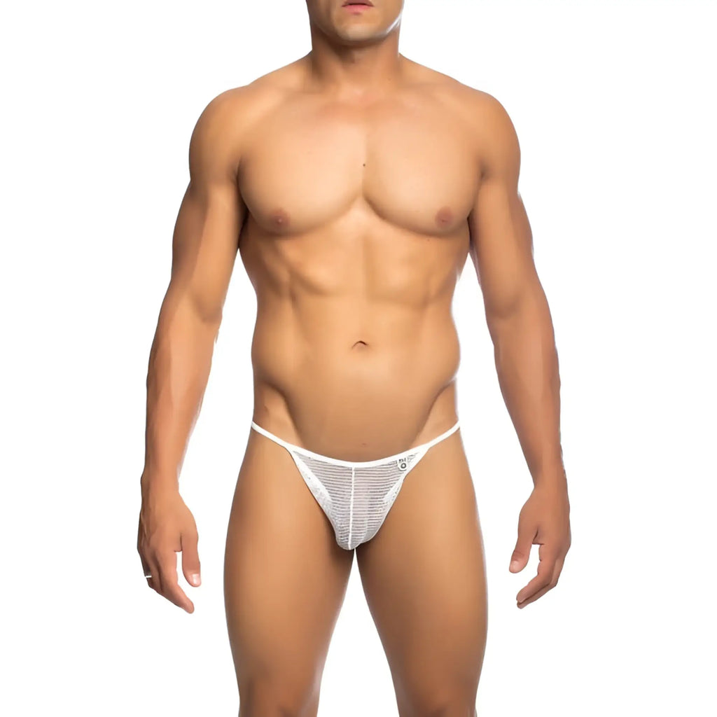 White mesh fishnet thong with subtle pattern and small logo on waistband from mob mens collection