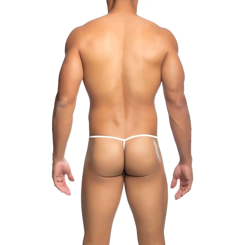 White seamless fishnet thong underwear by MOB men’s featuring a thin design for minimal coverage and comfort