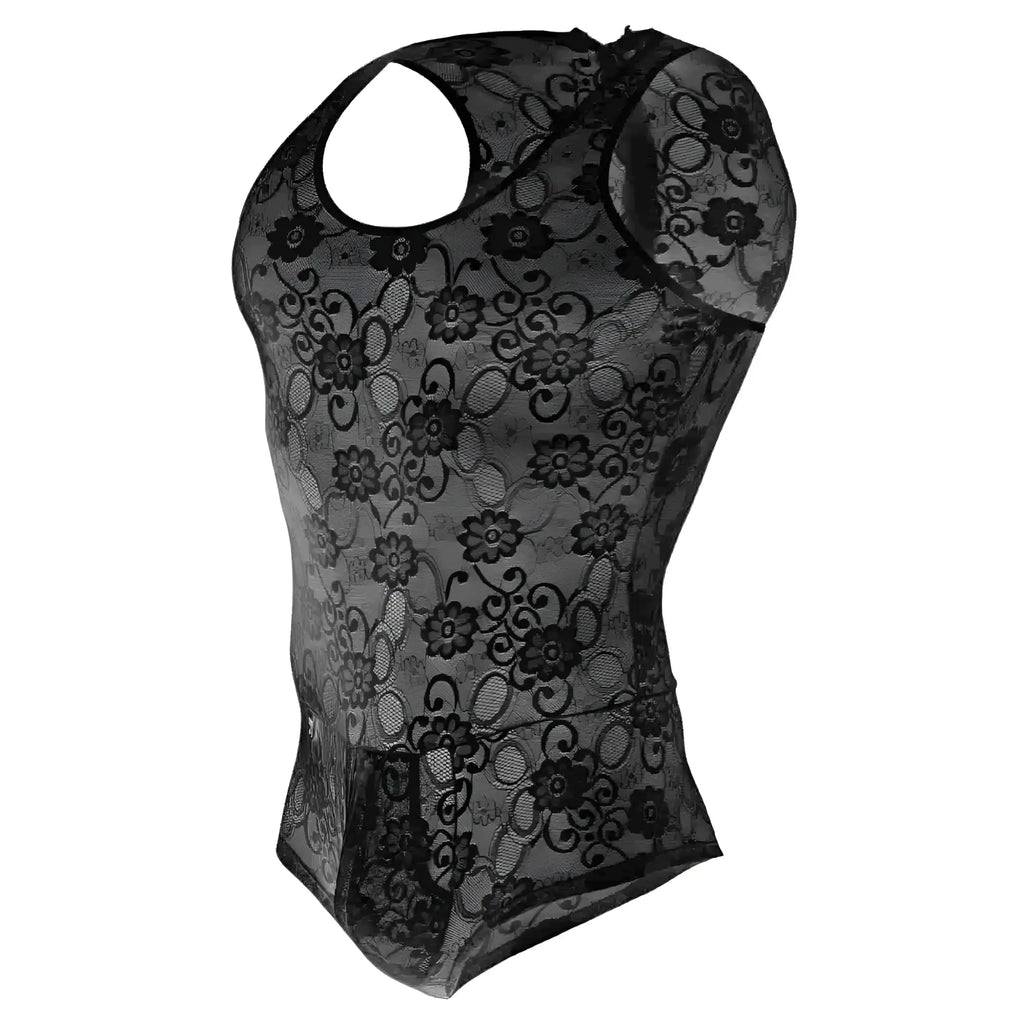 Mob men’s lace bodysuit black floral lace halter top with sheer mesh overlay front view