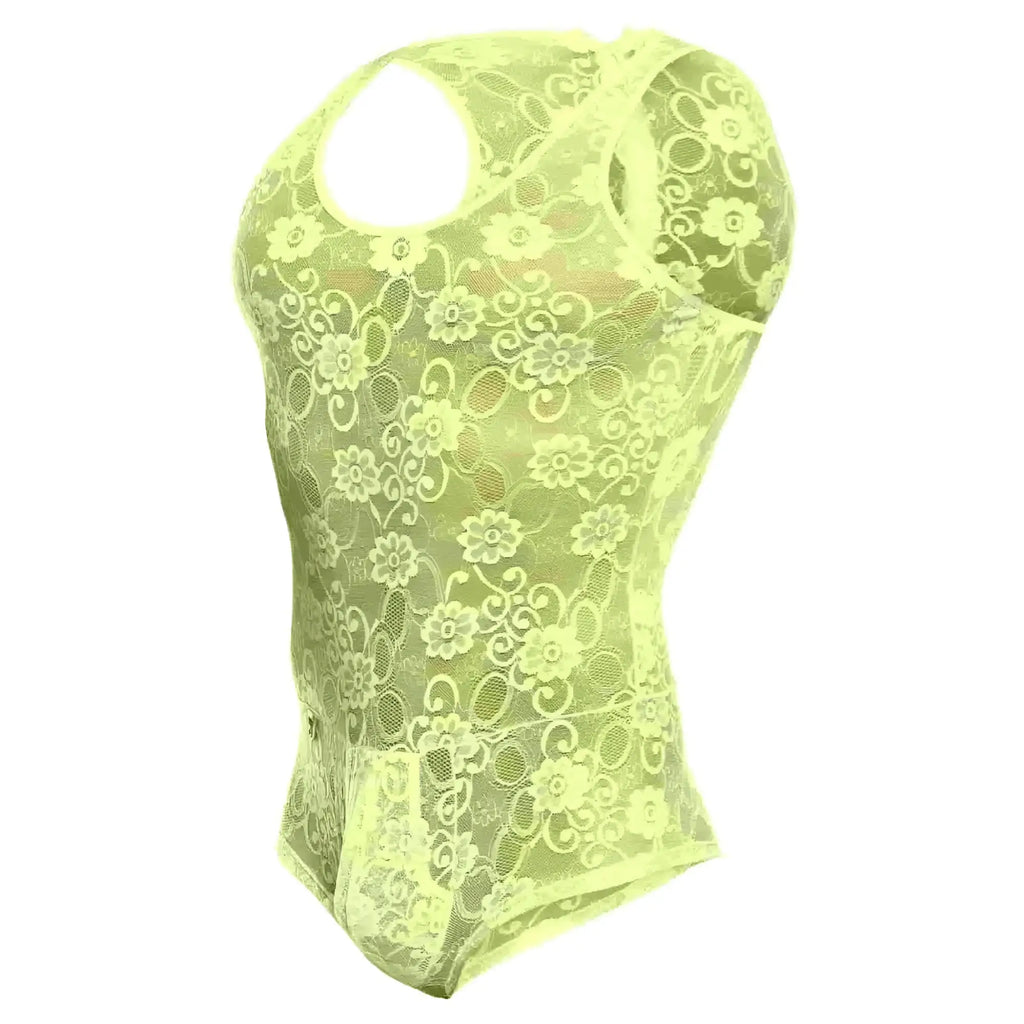 MOB men’s lace bodysuit in neon yellow with floral pattern and cut-out shoulders visible from the front