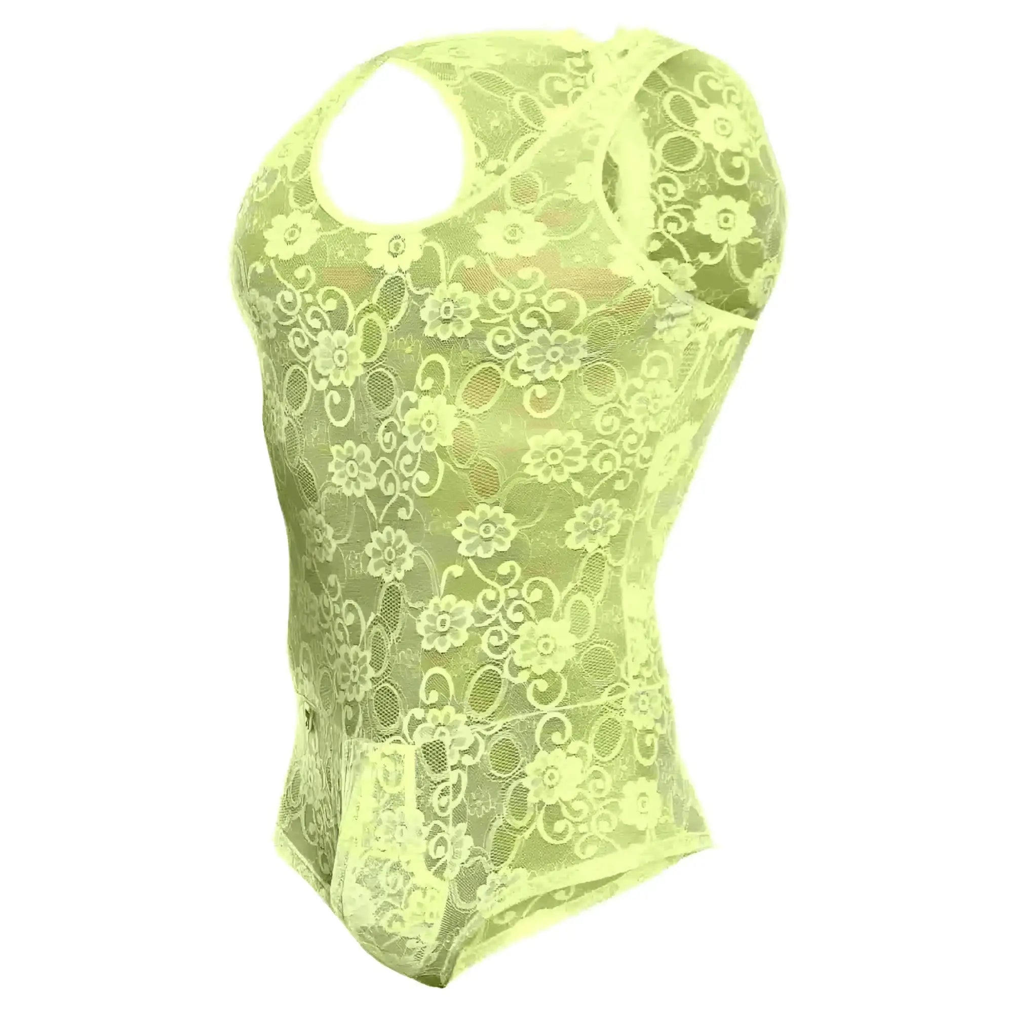 MOB men’s lace bodysuit in neon yellow with floral pattern and cut-out shoulders visible from the front