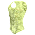 MOB men’s lace bodysuit in neon yellow with floral pattern and cut-out shoulders for a bold fashion statement