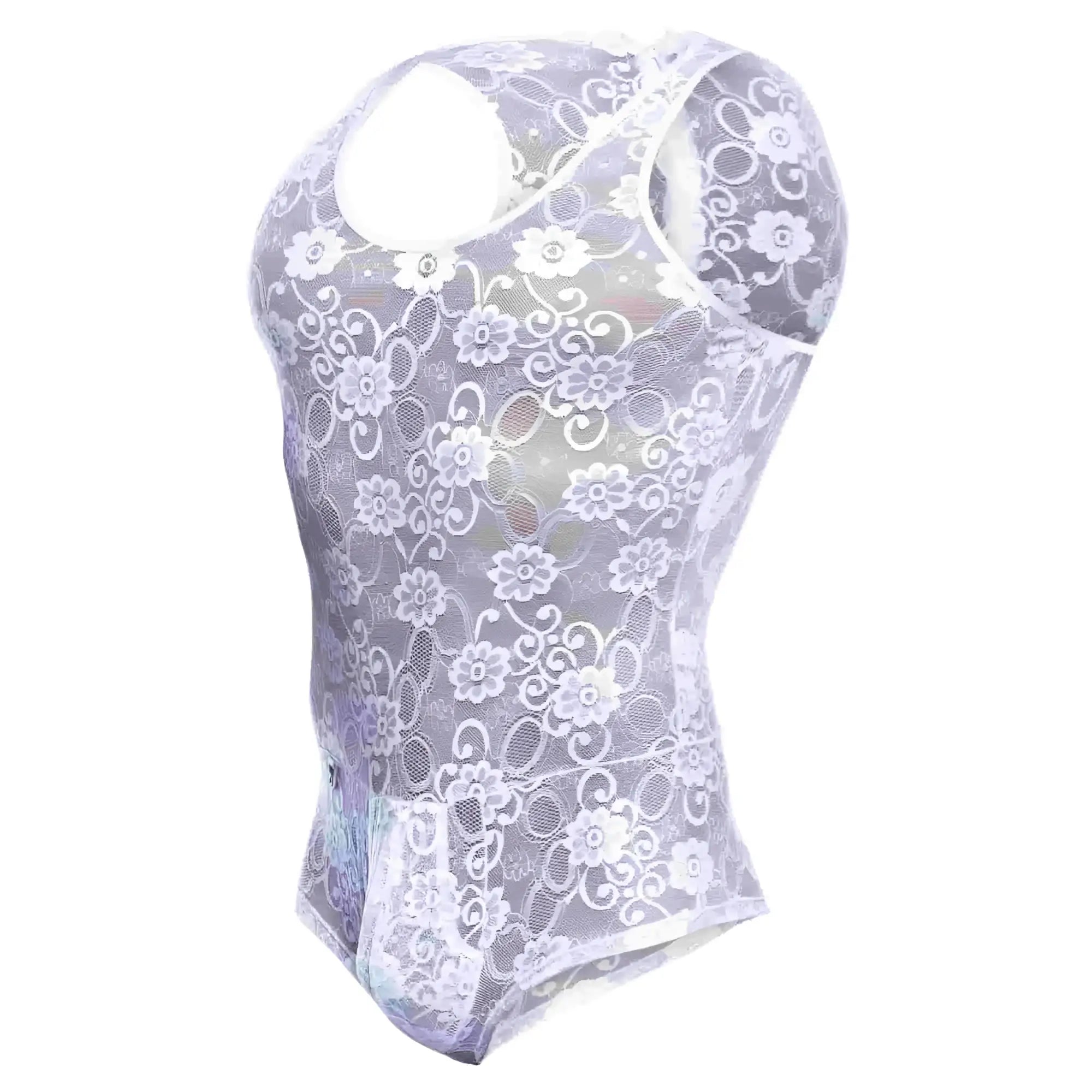 Mob men’s lace bodysuit sheer lavender floral lace fabric with racerback design shown from the back side