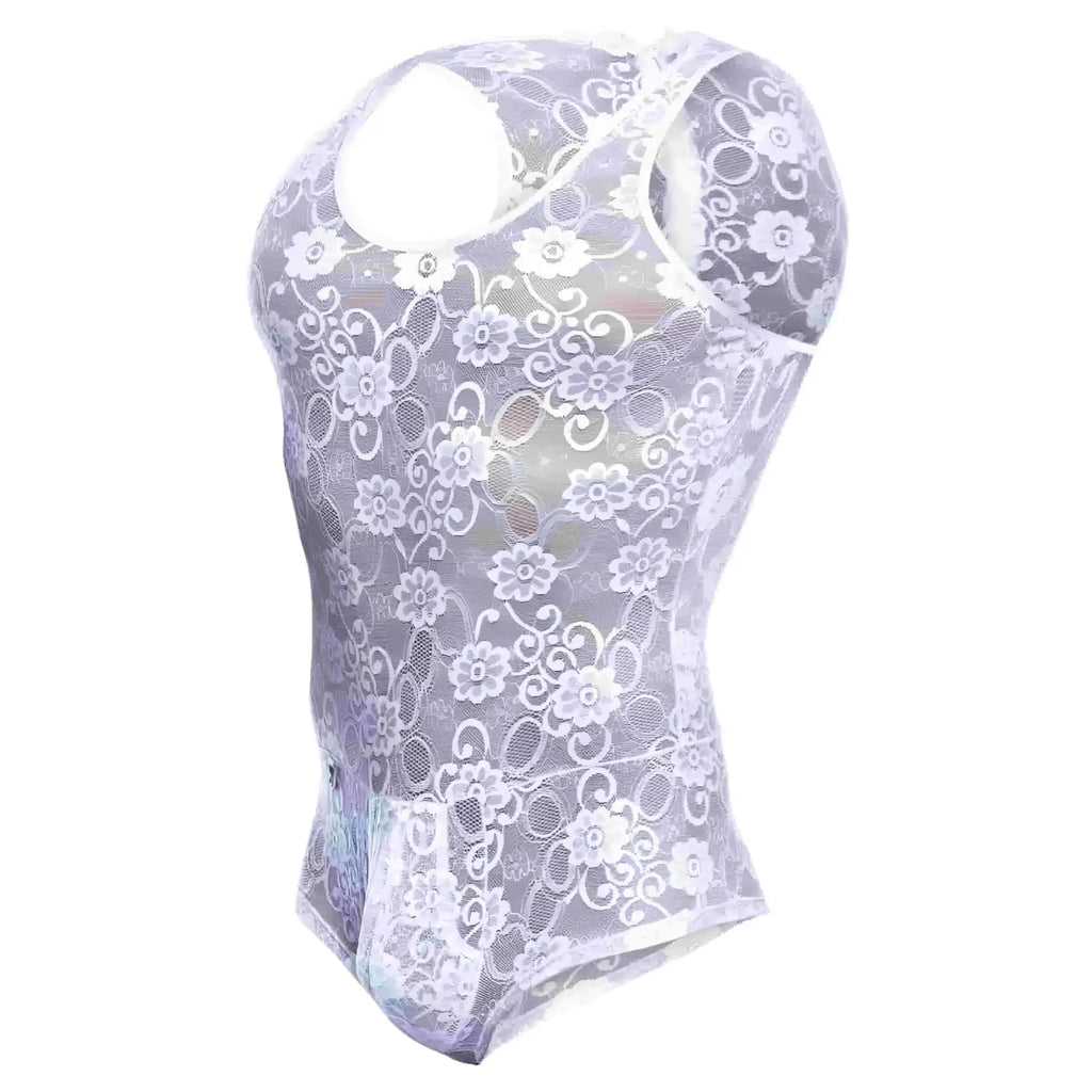 Mob men’s lace bodysuit sheer lavender with floral pattern and racerback design shown from the back side