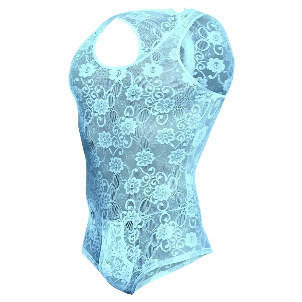 MOB men’s lace bodysuit in sheer light blue with floral pattern and racerback design shown from the back side