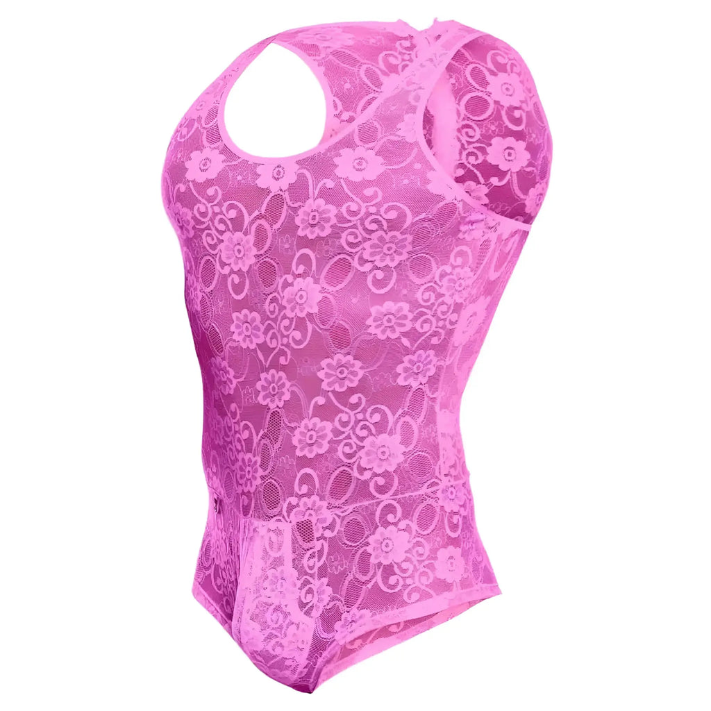 MOB men’s lace bodysuit in vibrant pink featuring a floral pattern and halter neckline