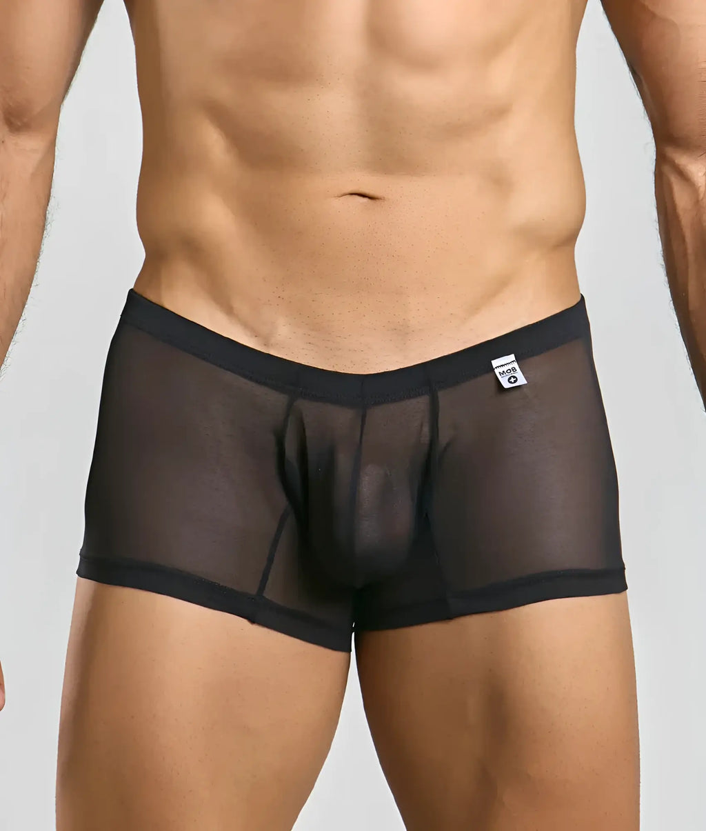 Black sheer mesh briefs with solid black waistband and trim from mob men’s lace boxer collection front view