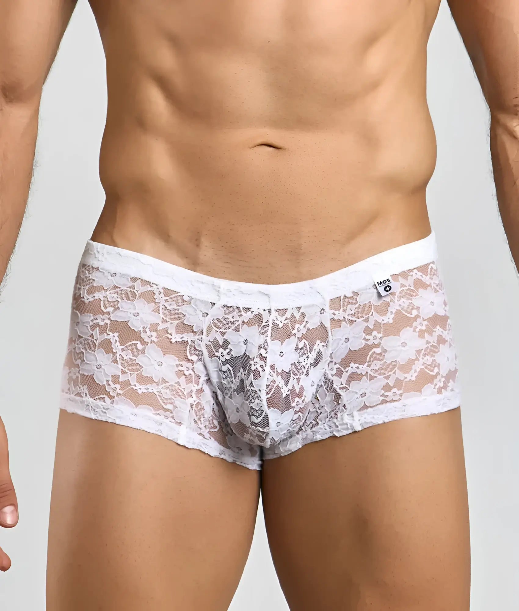 Mobb mens lace boxer white lace underwear with floral pattern and sheer mesh detailing front view