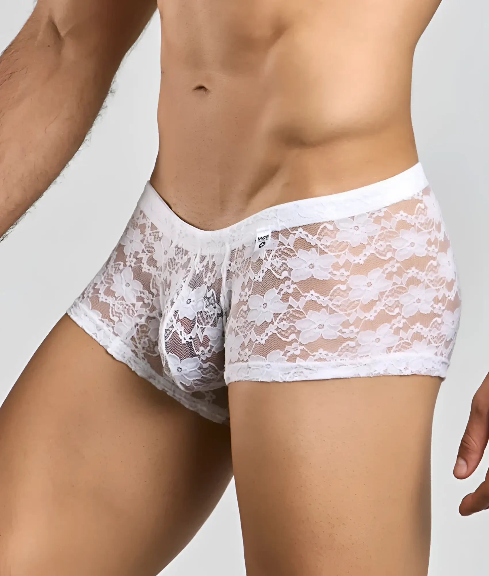 MOB men’s lace boxer in white featuring floral pattern and elastic waistband for comfortable fit