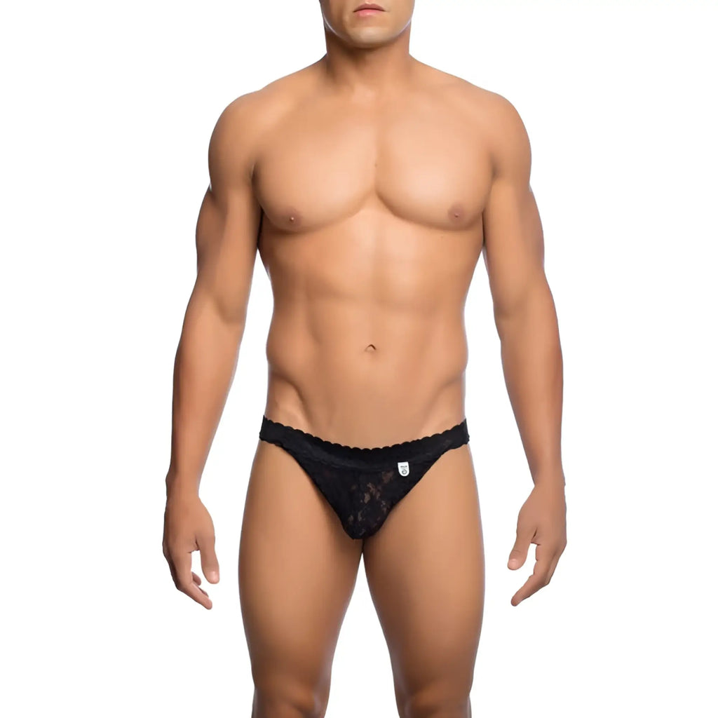 Black lace briefs with scalloped edge and subtle branding on the waistband from mob men’s lace jockstrap collection