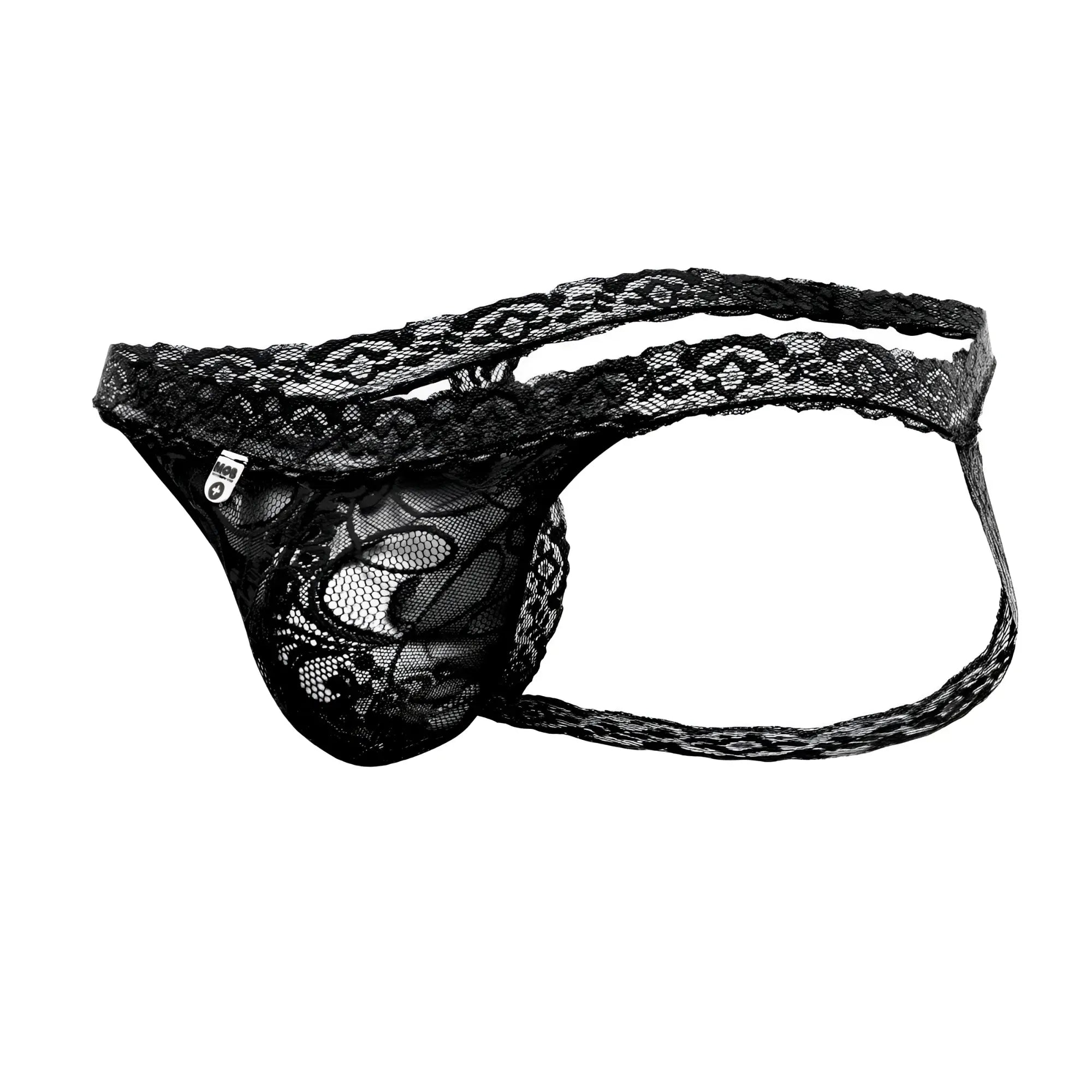 Black lace thong with intricate floral patterns and sheer mesh design from mob men’s lace jockstrap collection