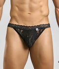 Black lace thong men’s jockstrap with intricate floral patterns and scalloped edge from mob