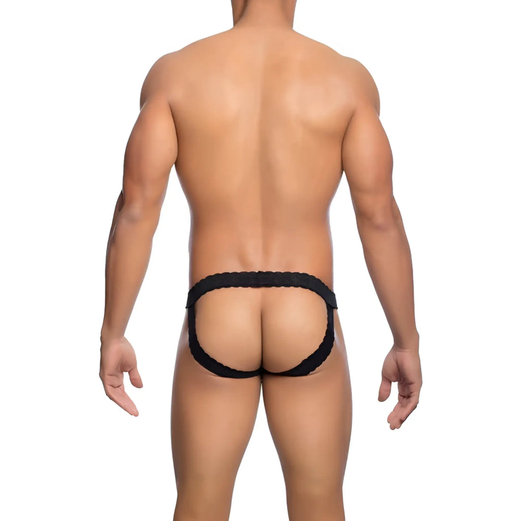 Mob men’s lace jockstrap black lace trimmed briefs with contoured form fitting design shown from front side