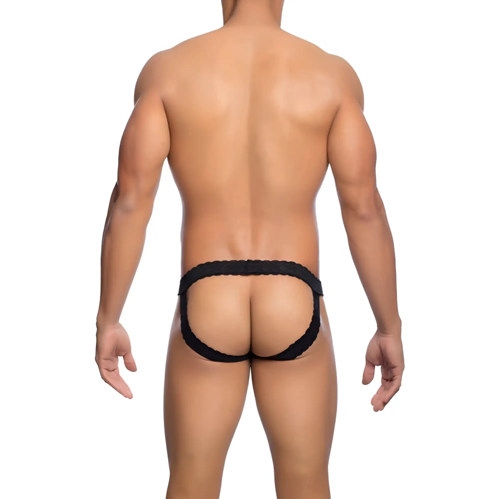 Mob men’s lace jockstrap black lace trimmed briefs with contoured form fitting design shown from front side