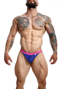 Blue lace briefs with pink elastic waistband from mob men’s lace jockstrap highlighting lace material and design