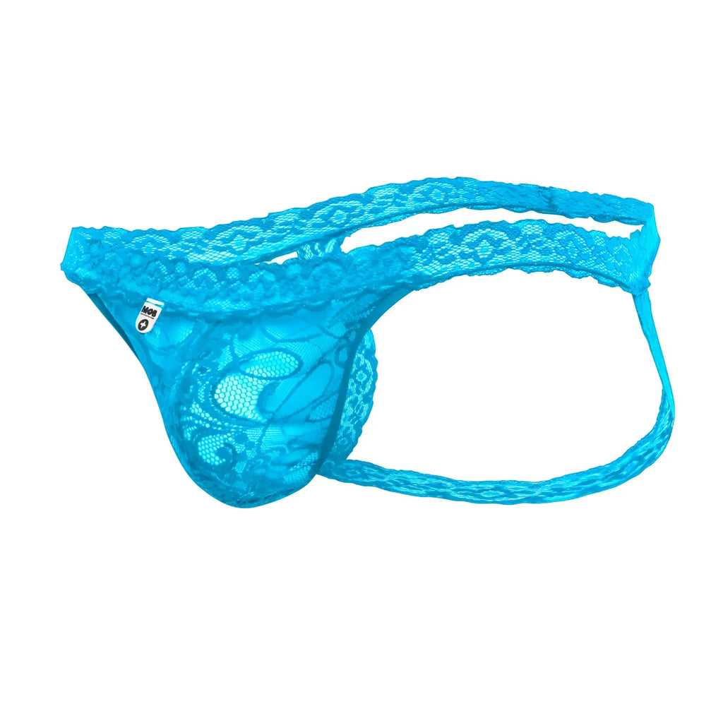 MOB men’s lace jockstrap in bright turquoise lace thong with intricate floral patterns and supportive contoured design