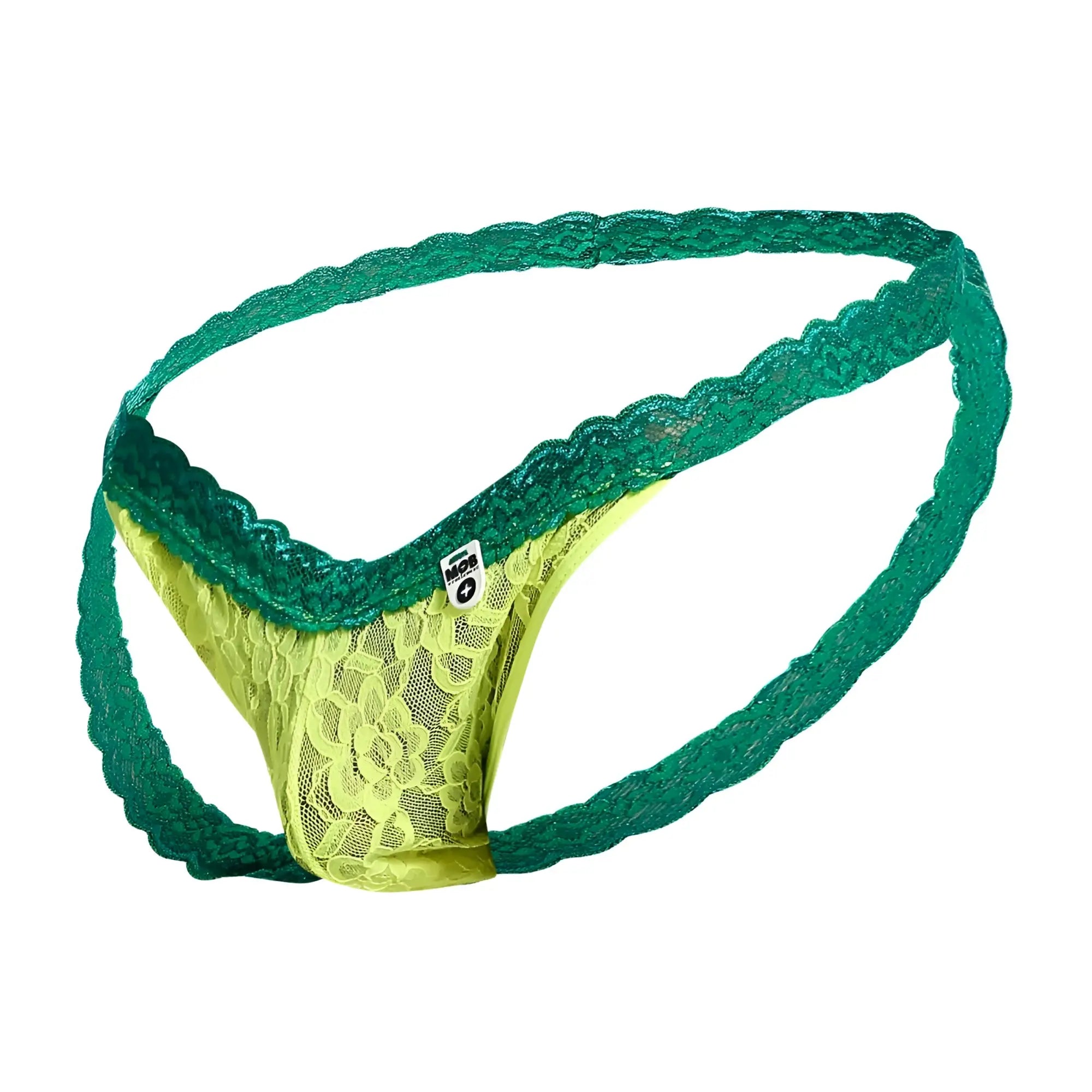 MOB men’s lace jockstrap in emerald green and lime yellow with scalloped edges and lace thong design