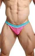 Pink lace thong with turquoise scalloped edge designed as a men’s lace jockstrap by mob shown from front