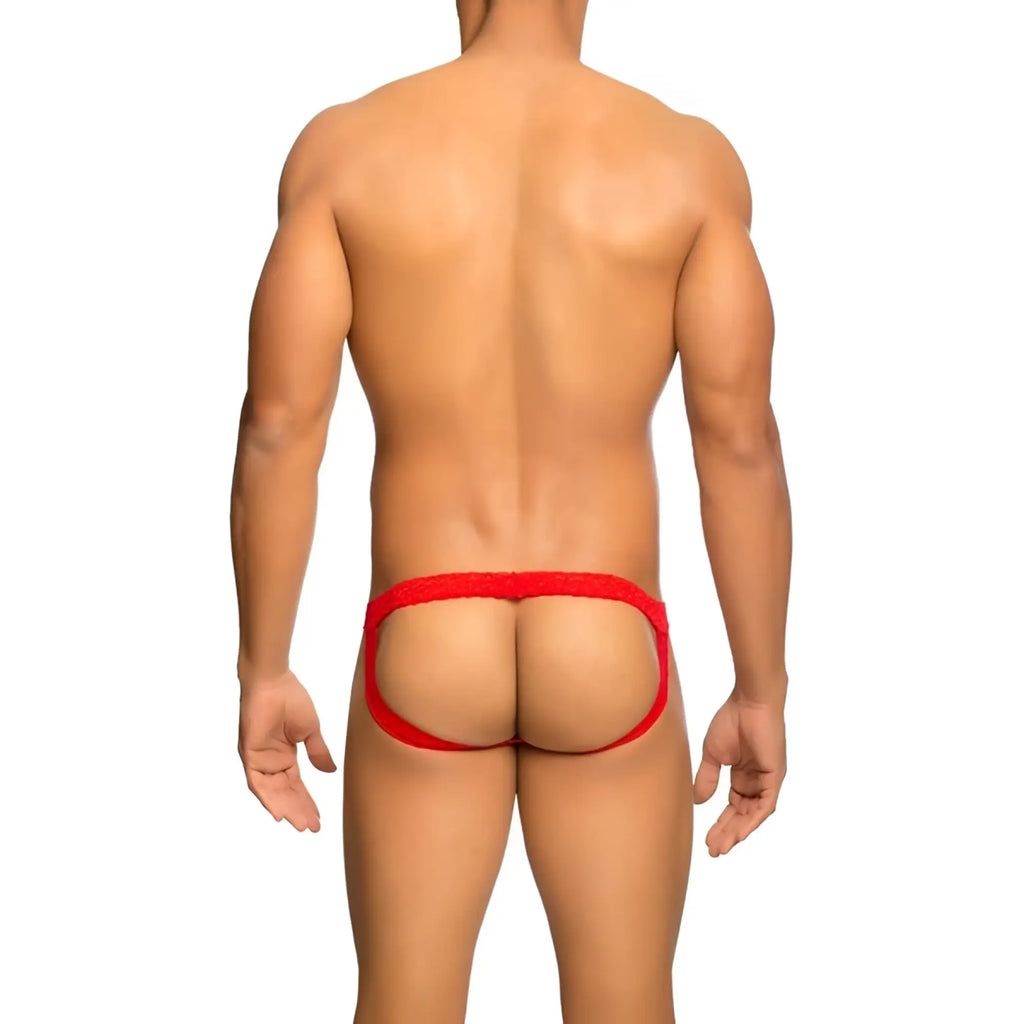 Red form-fitting lace jockstrap by mob showing back with open-back briefs and snug elastic waistband