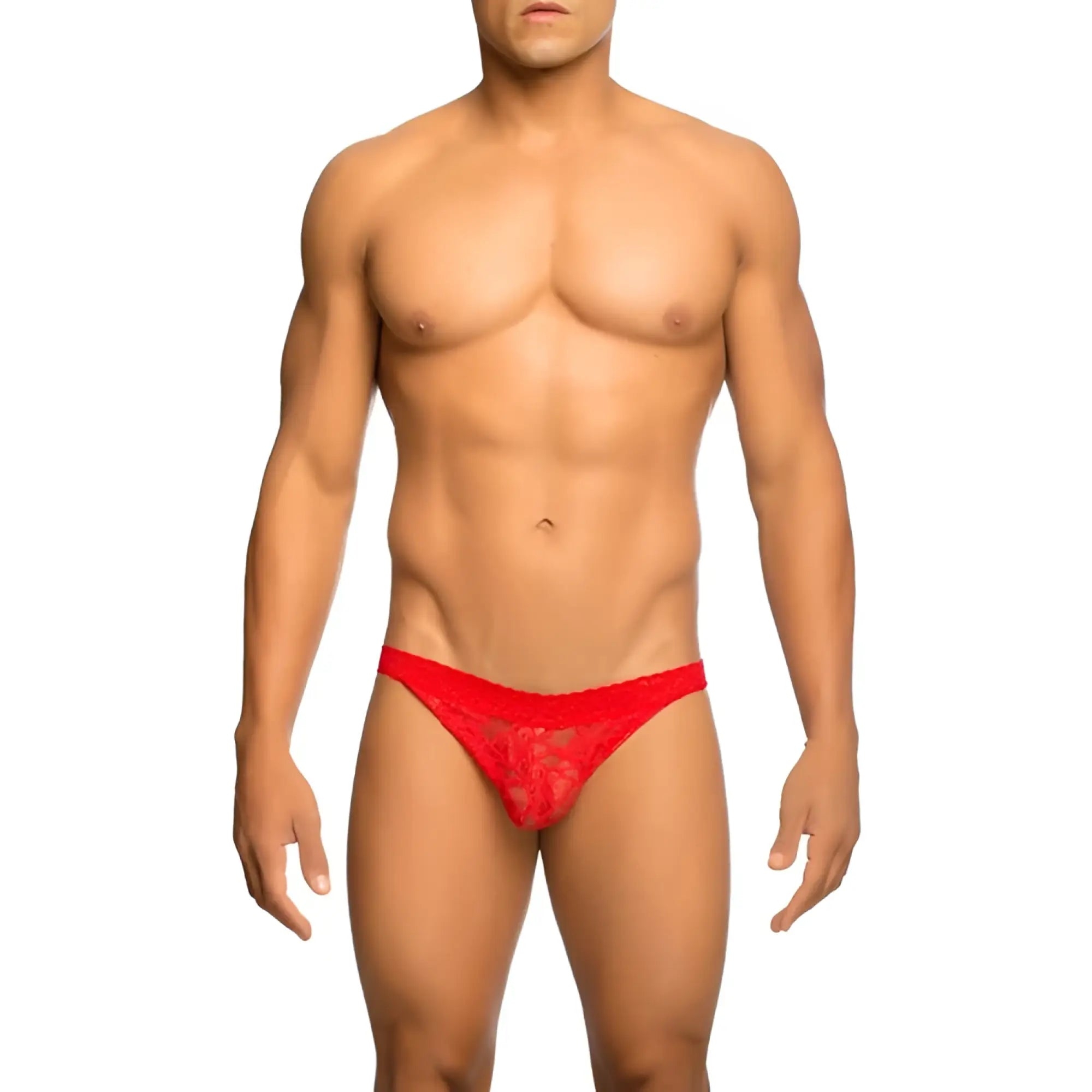 MOB men’s lace jockstrap in red featuring a delicate intricate lace pattern and thong style back design