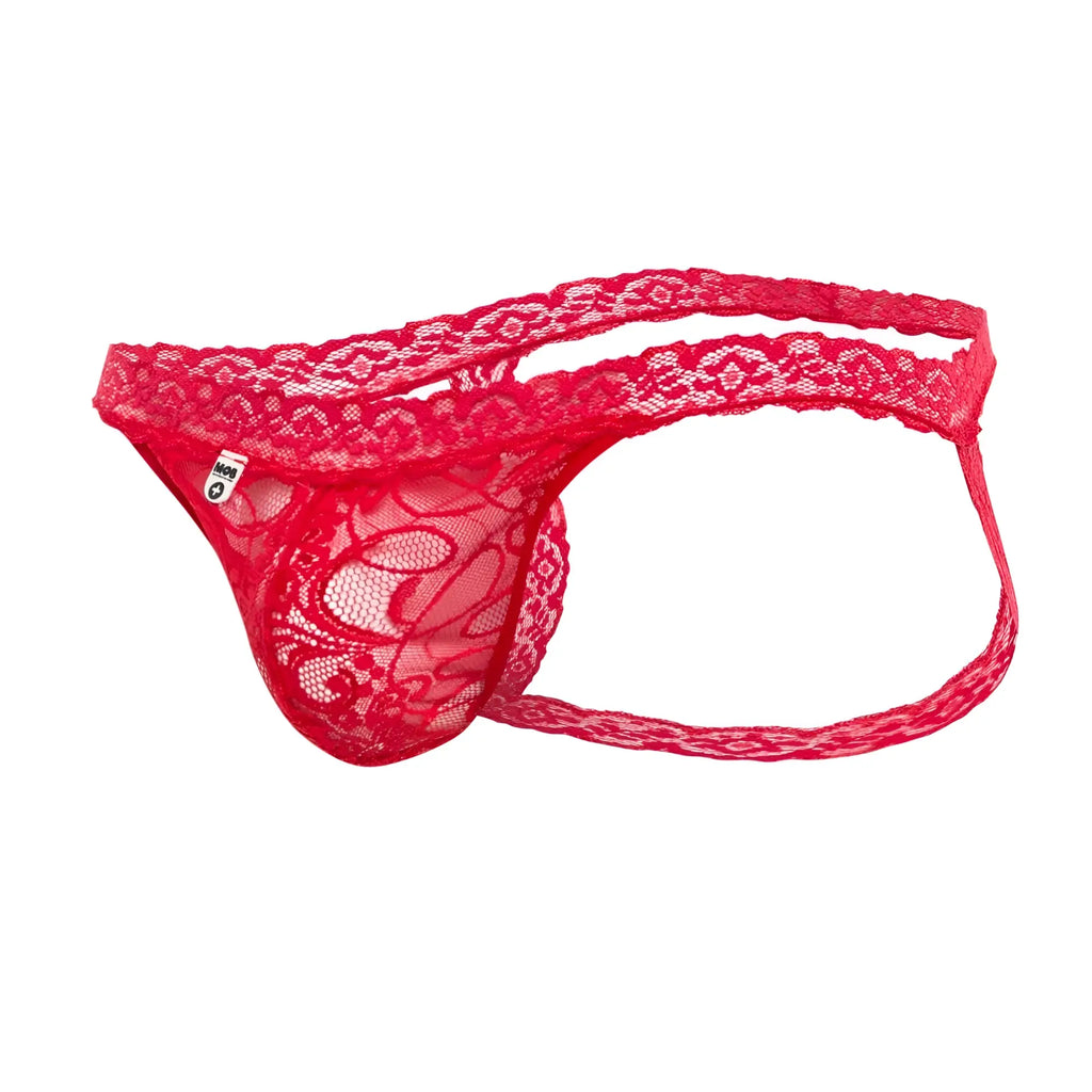 Mob men’s lace jockstrap in red featuring an intricate floral lace thong with sheer mesh detailing