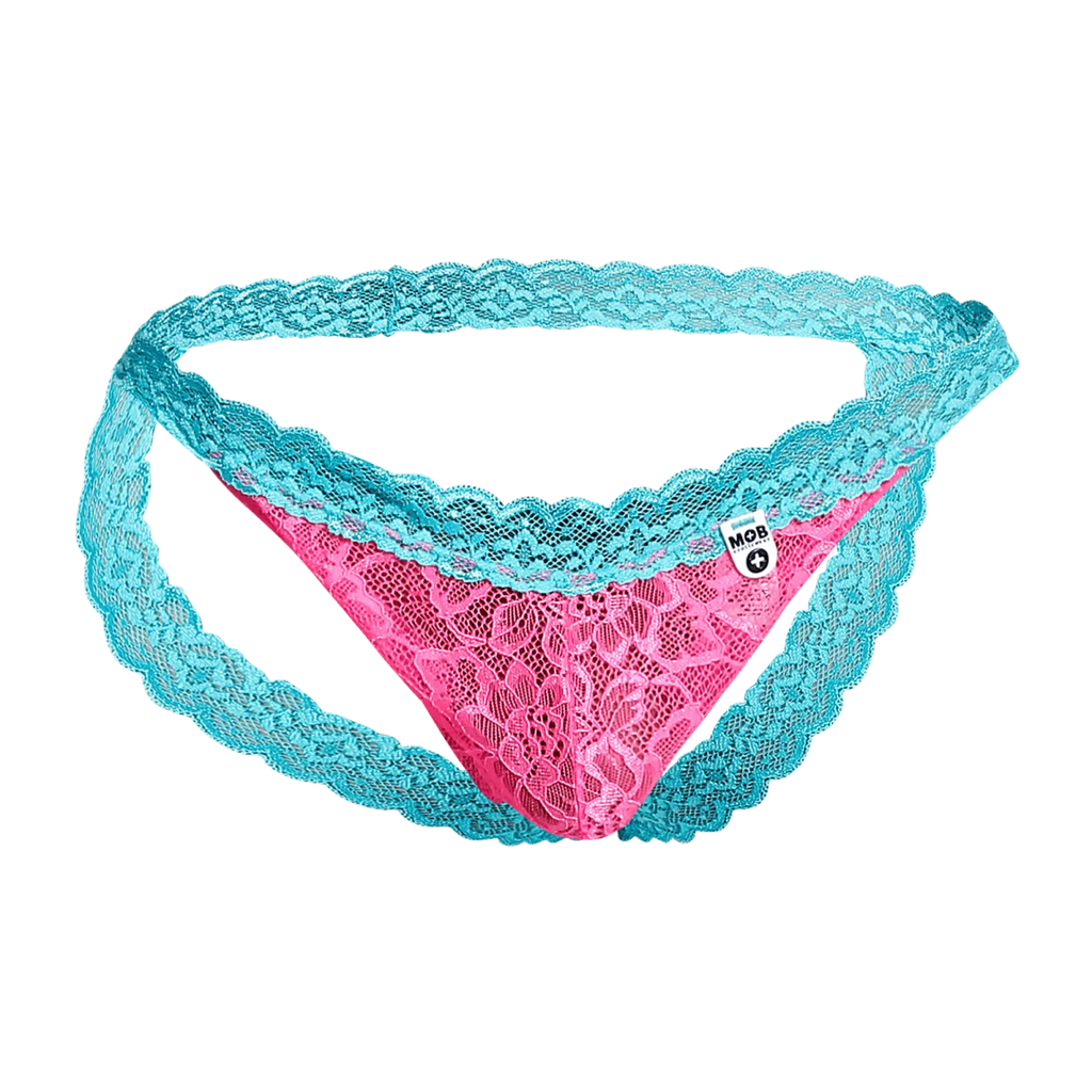 MOB men’s lace jockstrap in vibrant pink and turquoise with floral lace and delicate mesh design featuring branded tag