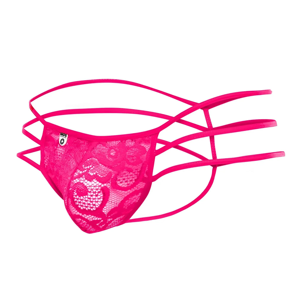 Mob men’s lace pouch thong in bright pink with crisscross straps and skull motif lace detailing