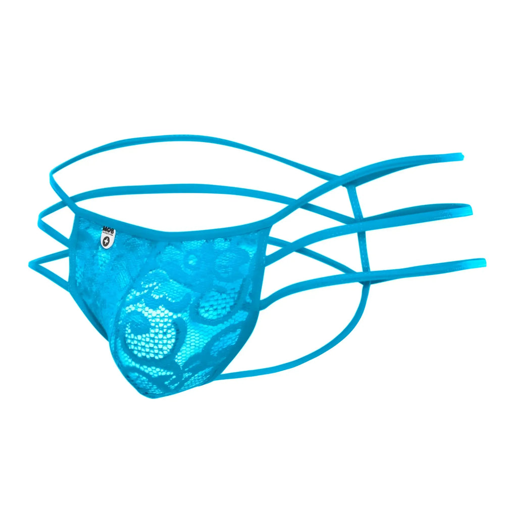 Mob men’s lace pouch thong in bright blue with lace fabric and crisscrossing elastic straps design