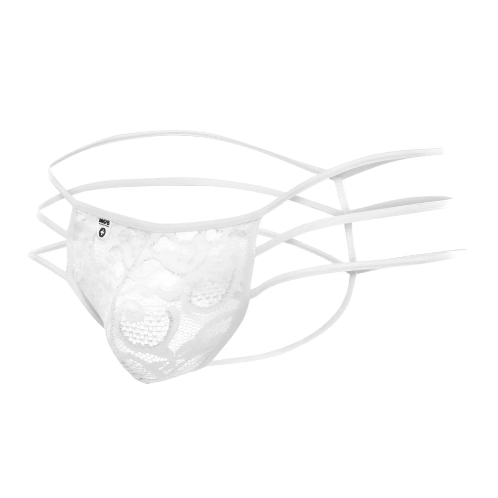 White lace thong with multiple thin straps and delicate floral pattern from mob men’s lace pouch thong collection