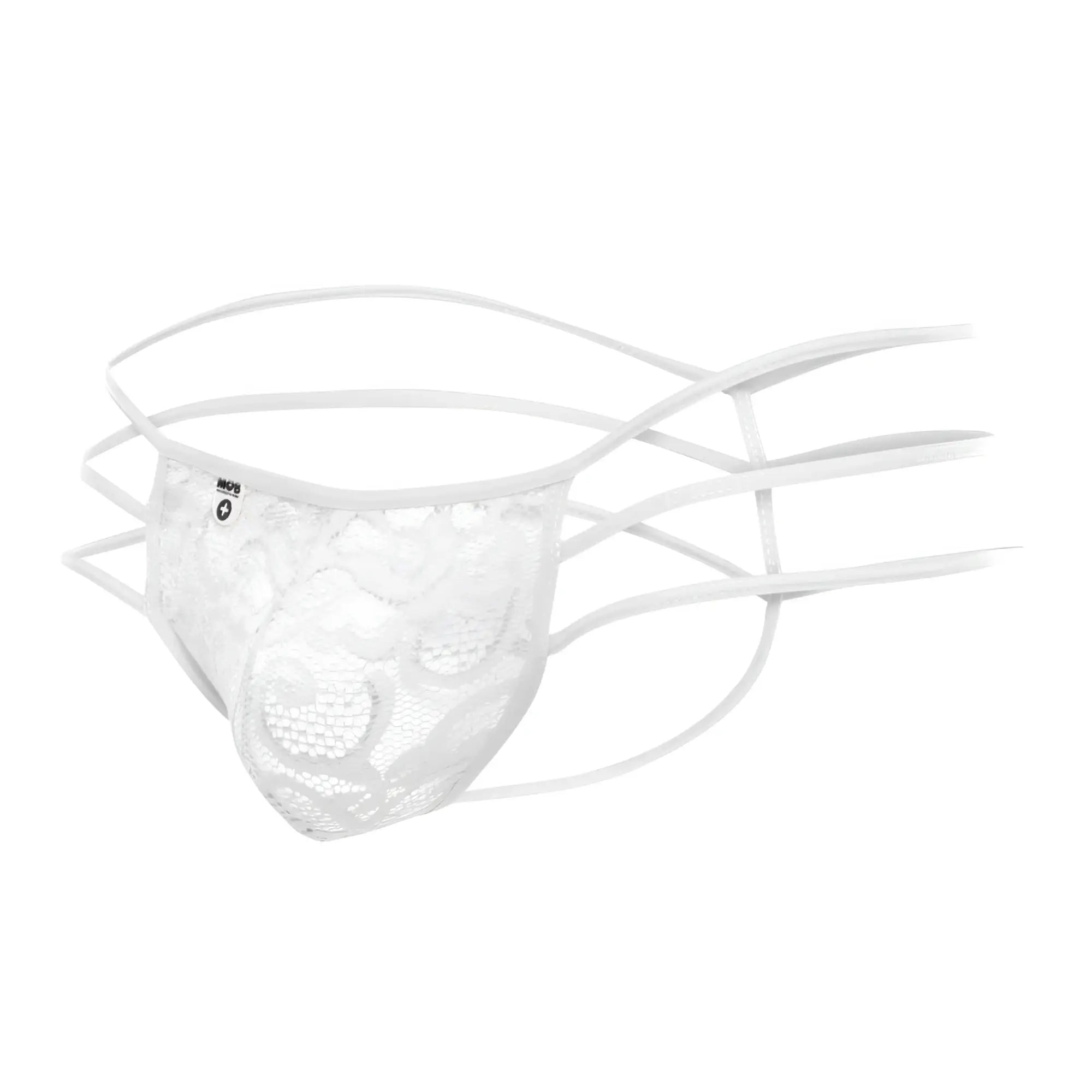 White lace MOB men’s lace pouch thong with multiple thin straps and delicate floral pattern front view