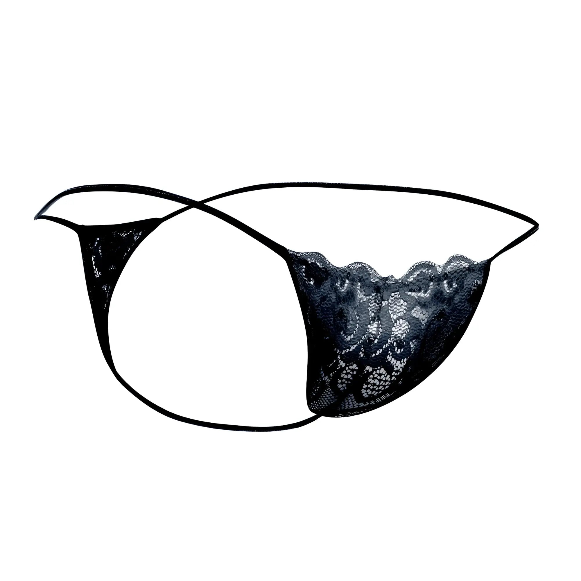 Black lace thong by MOB with delicate floral patterns and adjustable thin straps for men