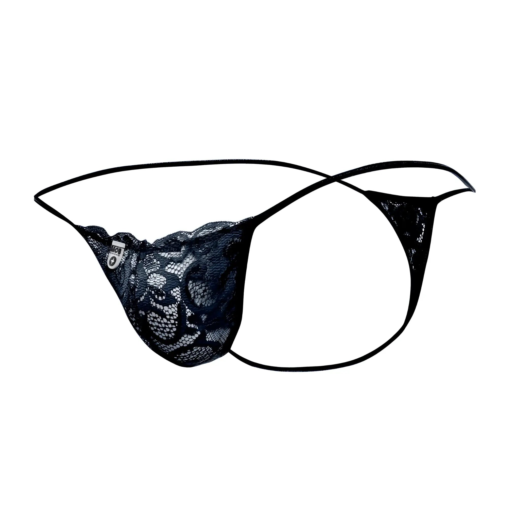Black lace thong with delicate floral patterns and thin adjustable straps from mob mens lace thong collection