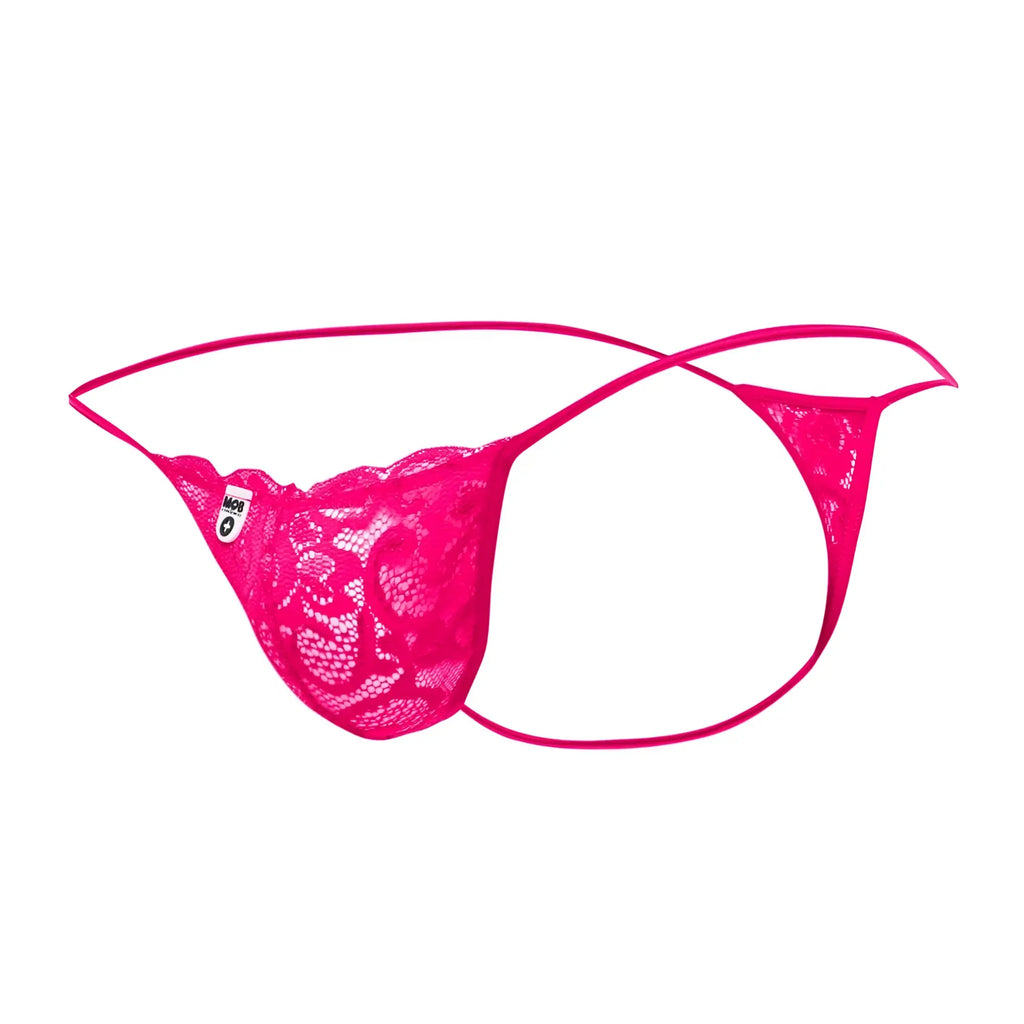 MOB men’s lace thong in bright pink with delicate floral pattern and thin matching elastic straps