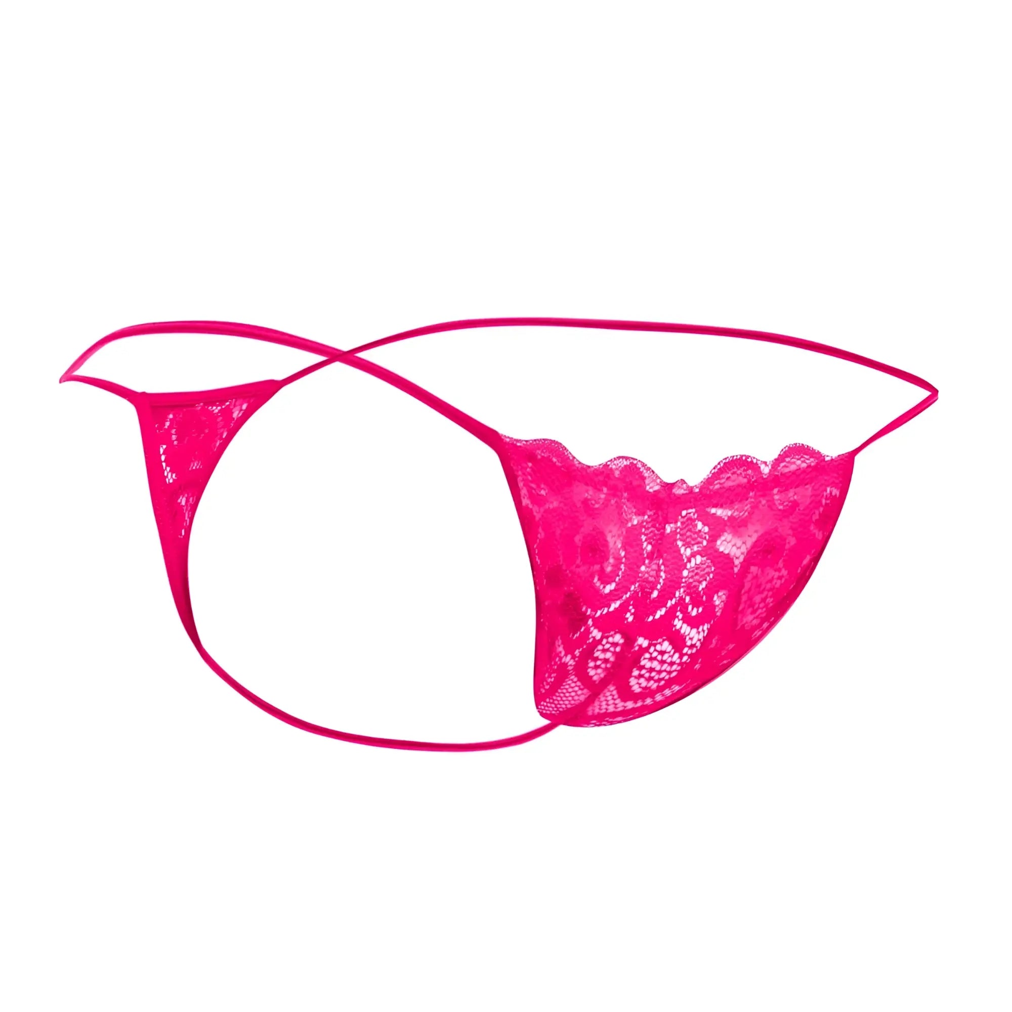 Bright pink lace thong with scalloped edge and thin elastic straps from MOB men’s lace thong collection