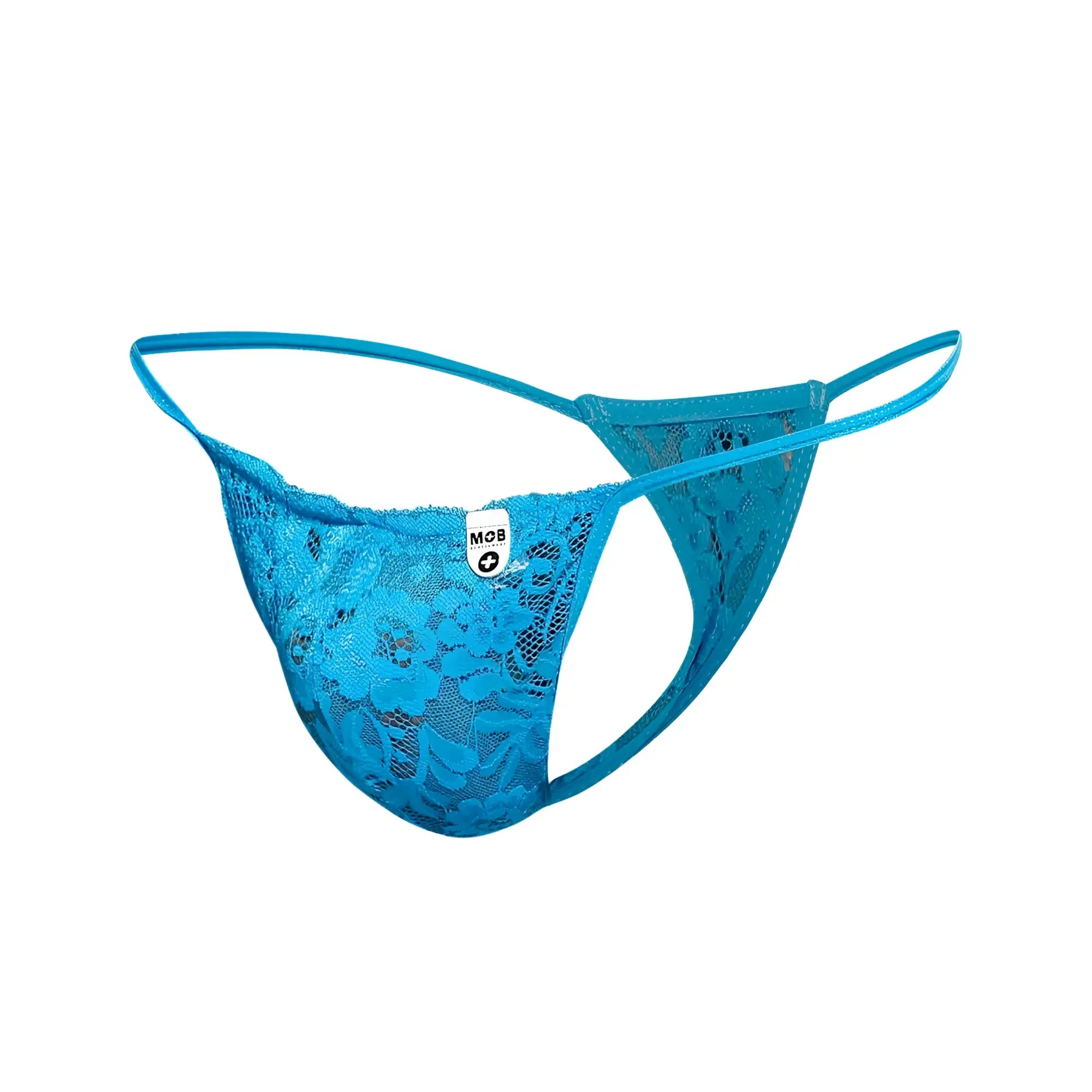 A vibrant blue lace thong for men featuring delicate floral patterns and thin elastic straps from mob